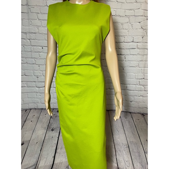 Sold - NWT New Zara Shoulder Pad Draped Sleeveless Green Dress Size M - Picture 9 of 14
